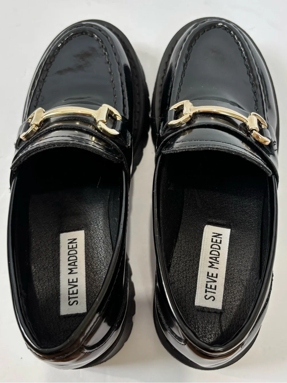 NEW Steve Madden Horsebit Lando Black Patent Chunky Platform Lug Sole Loafer 5.5